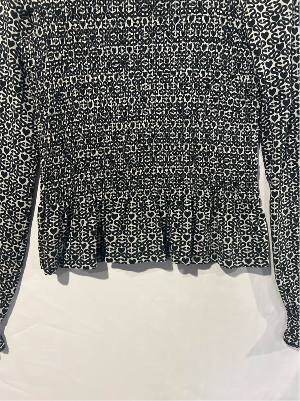 Sandro Blouse Women’s Size 0 Black Monogram Print Mockneck Smocked Top - Picture 5 of 16
